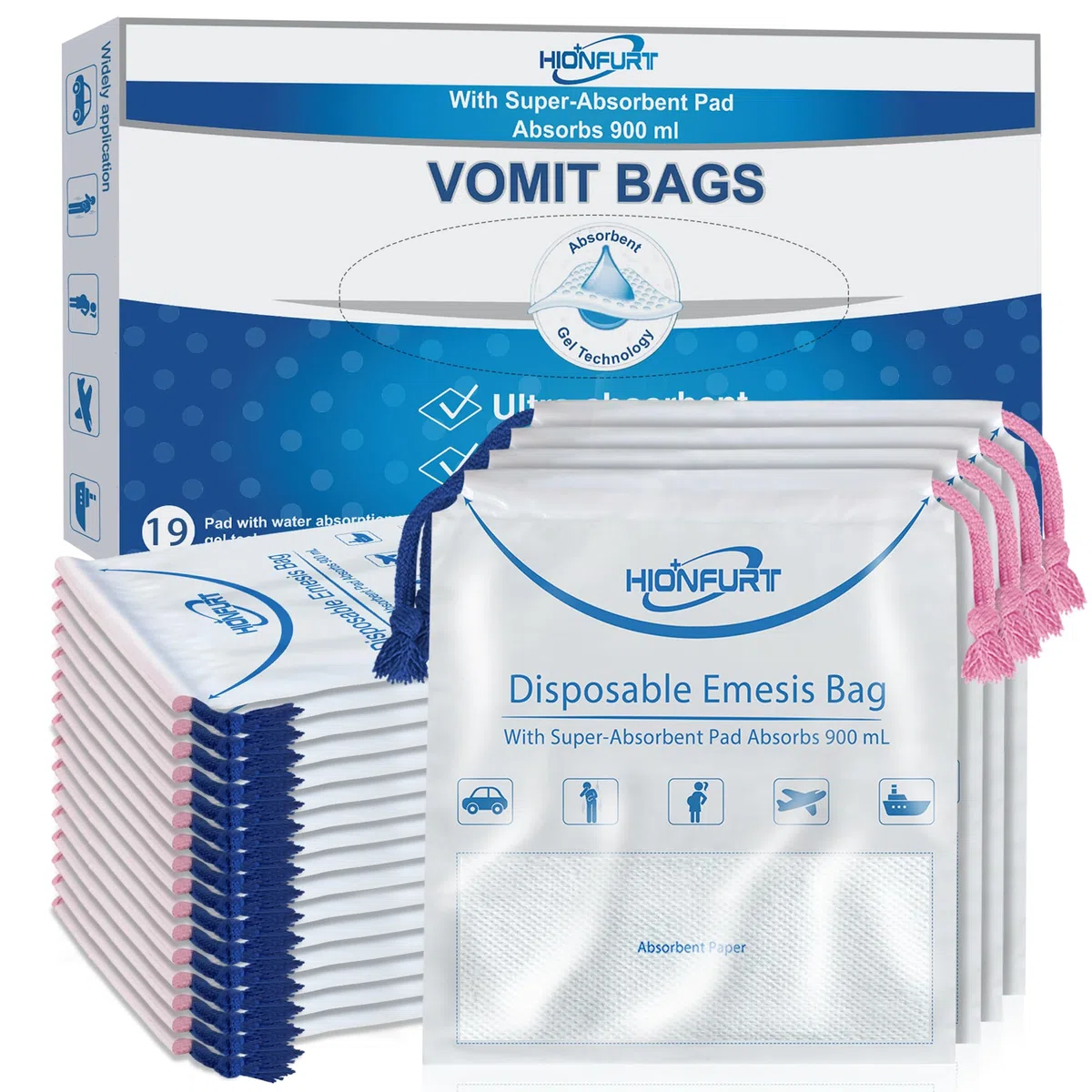 Hionfurt Sacs à Vomi Absorbants Zéro Odeur 26 Packs 900ml, Portables Transformant le Vomi en Gel Anti-Fuite, Anti-Nausées pour Femmes Enceintes, Enfants, Voiture & Mal de Transport