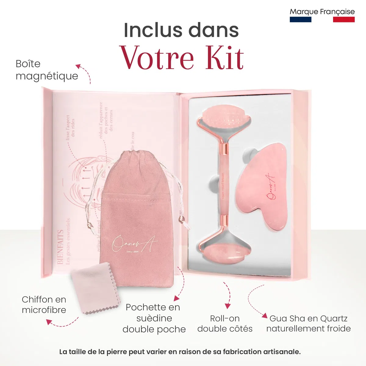 Kit Gua Sha Visage et Corps & Roller | Pierre De Quartz Rose | Massage Anti Ride & Drainage Lymphatique | Lifting Double Menton | Guasha Maderotherapie | Affiner Face Shaper [OanovA]