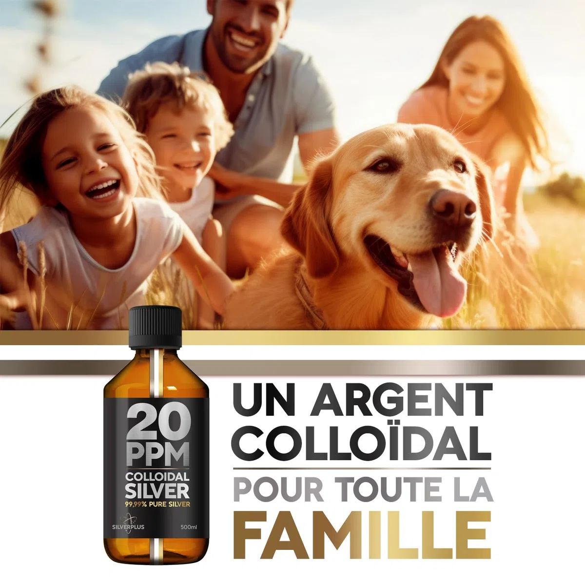 Argent Colloïdal 20ppm ● 500 ml ● Fabriqué en France ● Argent pur à 99,99% ● Ions d'argent actifs ● Pour toute la famille ● Laboratoire certifié GMP ● Solution 100% Naturelle ● SILVERPLUS