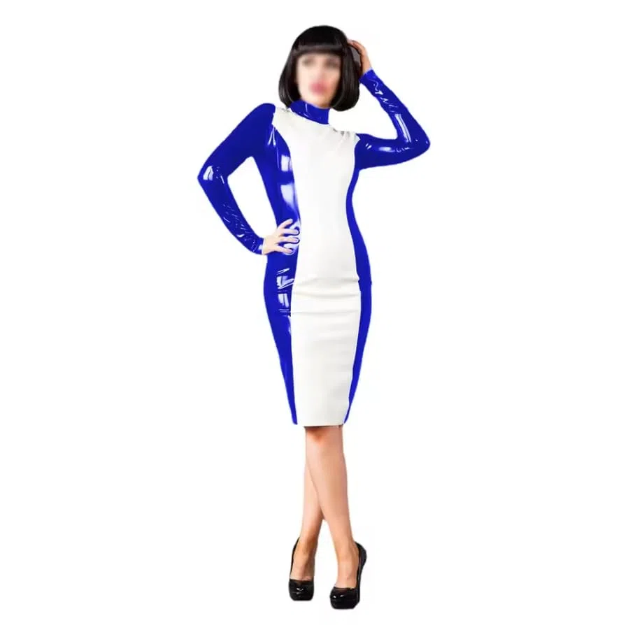Robe moulante à manches longues en cuir PVC effet mouillé pour femme, Noir , 3XL