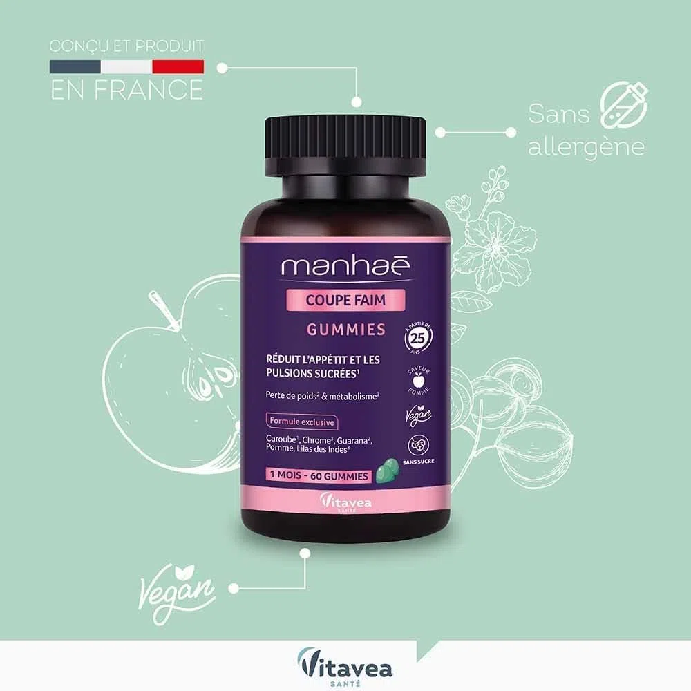 Vitavea - Manhaé - Gummies Coupe Faim sans Sucres - Complément Alimentaire Minceur - Coupe Faim, Satiété, Perte de Poids et Métabolisme - Guarana, Chrome, Caroube - 60 Gummies - 1 Mois