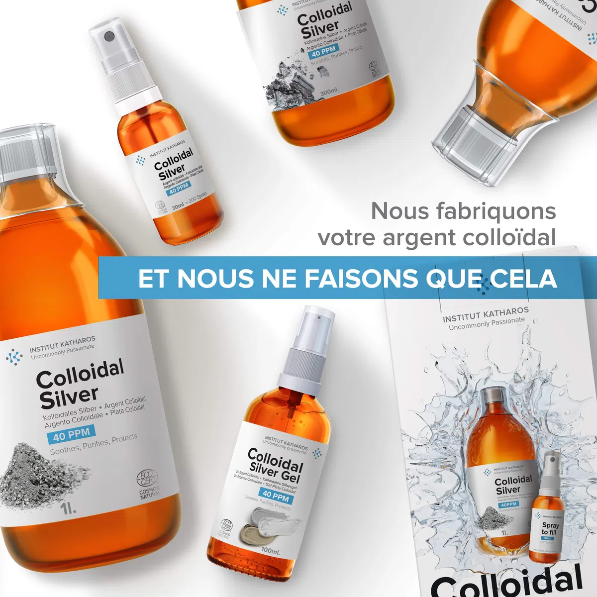 Spray Argent Colloïdal 100mL ● 100% Naturel 40 PPM ● Concentration Supérieure, Particules plus Petites : Meilleurs Résultats ● Fabriqué en France ● Certifié par 3 laboratoires ● Institut Katharos®