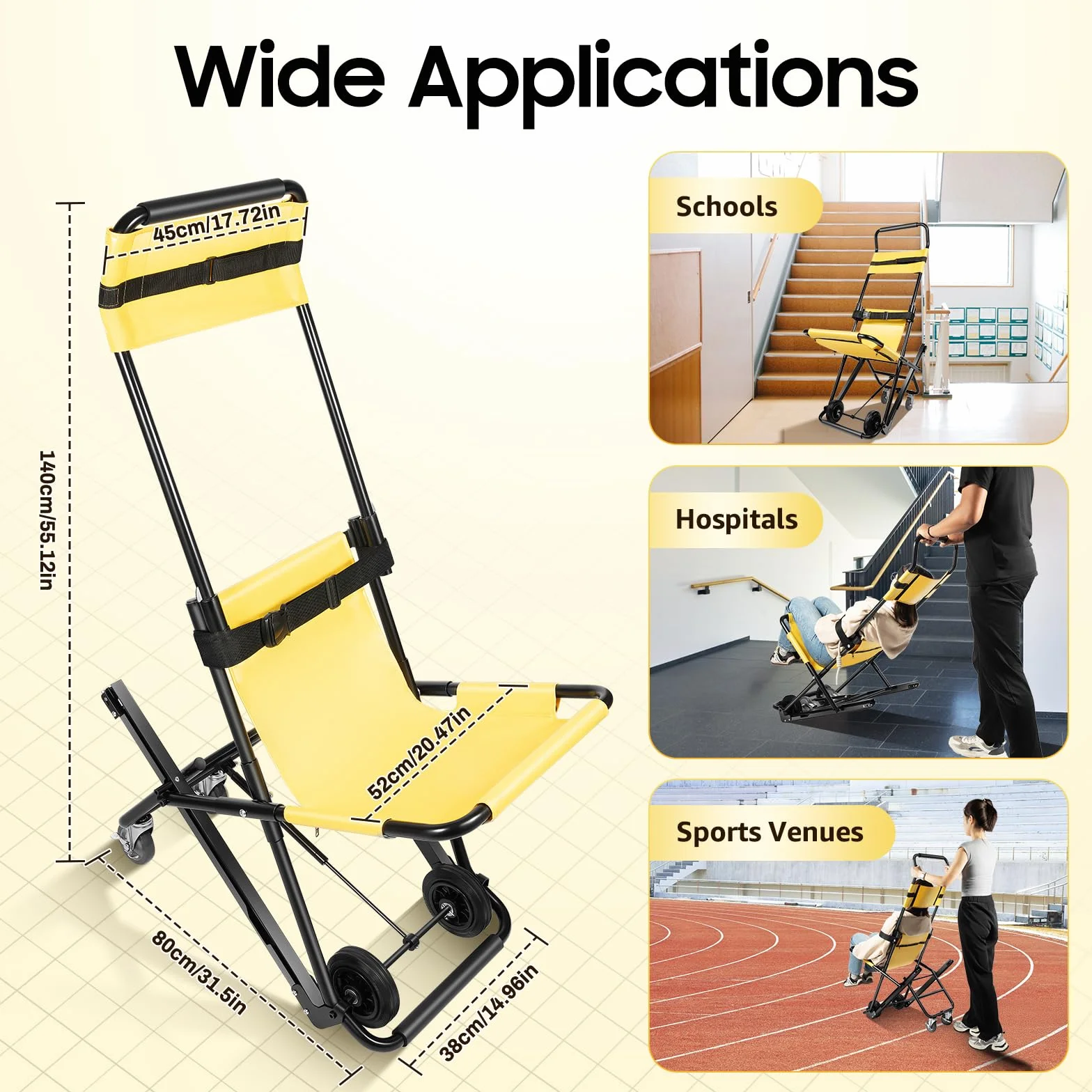 Monte-escalier | Chaise d'escalier pliable | Charge maximale 159 kg | 4 roues et ceintures de sécurité | Avec tissu en PVC et appui-tête réglable | Pour opérations de sauvetage et hôpitaux | Jaune