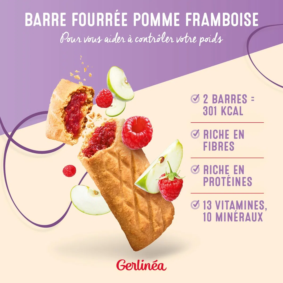 GERLINÉA – Barres Repas Complet Pomme Framboise – Substitut de Repas Minceur Protéiné – Moins de 240 Kcal – Fabriqué en France – Lot de 2 Boîtes (8 Repas)
