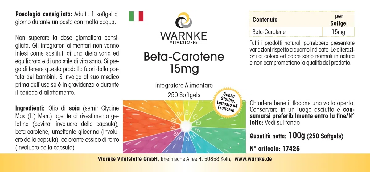 Bêta-carotène 15mg - 250 gélules - 15mg par gélule (correspond à 25 000 UI) - Provitamine A - HAUTEMENT DOSÉ - Qualité pharmaceutique allemande | Warnke Vitalstoffe