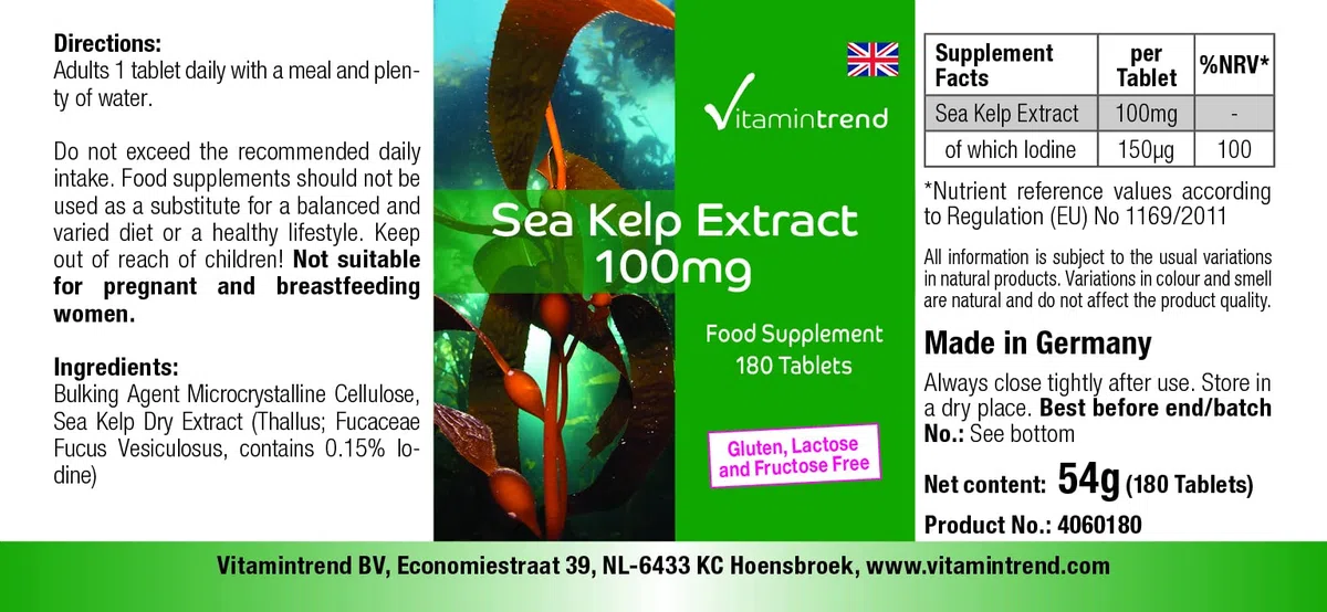 Vitamintrend Extrait de Kelp 100 mg, 180 comprimés, faciles à avaler, iode naturel, complément alimentaire végan sans stéarate de magnésium, fabriqué en Allemagne