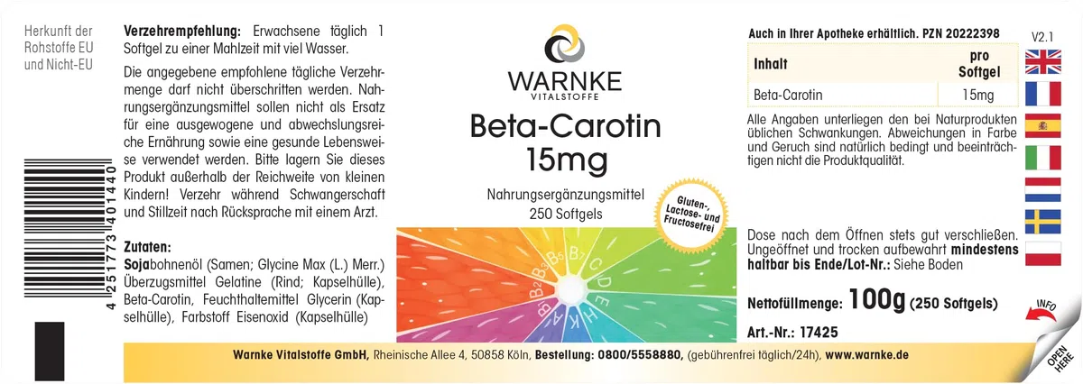 Bêta-carotène 15mg - 250 gélules - 15mg par gélule (correspond à 25 000 UI) - Provitamine A - HAUTEMENT DOSÉ - Qualité pharmaceutique allemande | Warnke Vitalstoffe