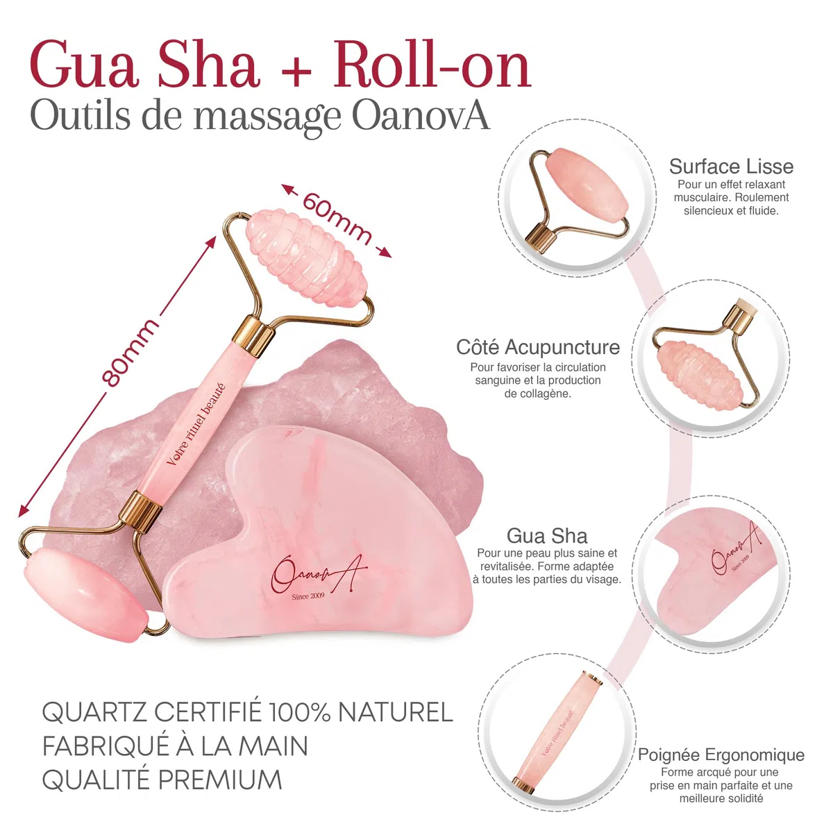 Kit Gua Sha Visage et Corps & Roller | Pierre De Quartz Rose | Massage Anti Ride & Drainage Lymphatique | Lifting Double Menton | Guasha Maderotherapie | Affiner Face Shaper [OanovA]