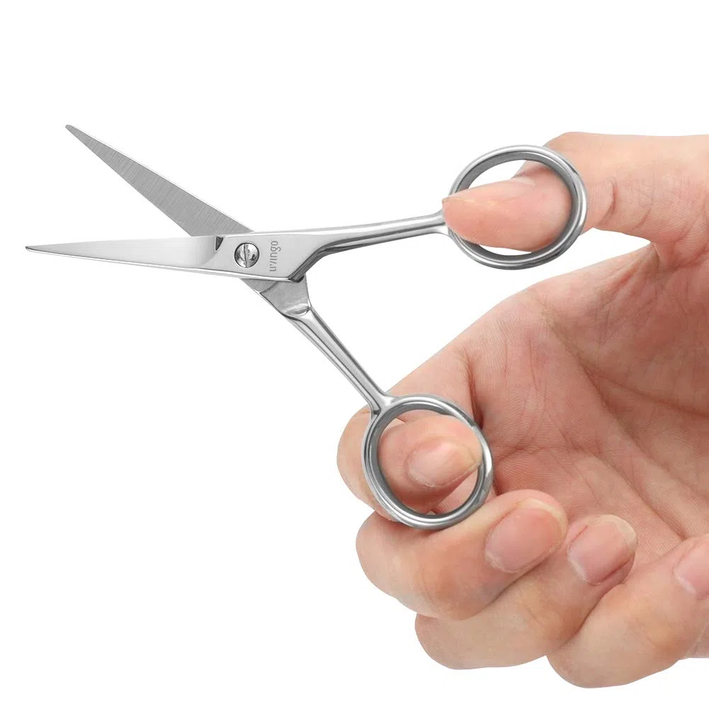 LIVINGO Ciseaux à barbe et moustache pour homme, 11,4 cm, professionnels, pointe arrondie en acier inoxydable, pointue, petite beauté avec mini peigne et étui en cuir