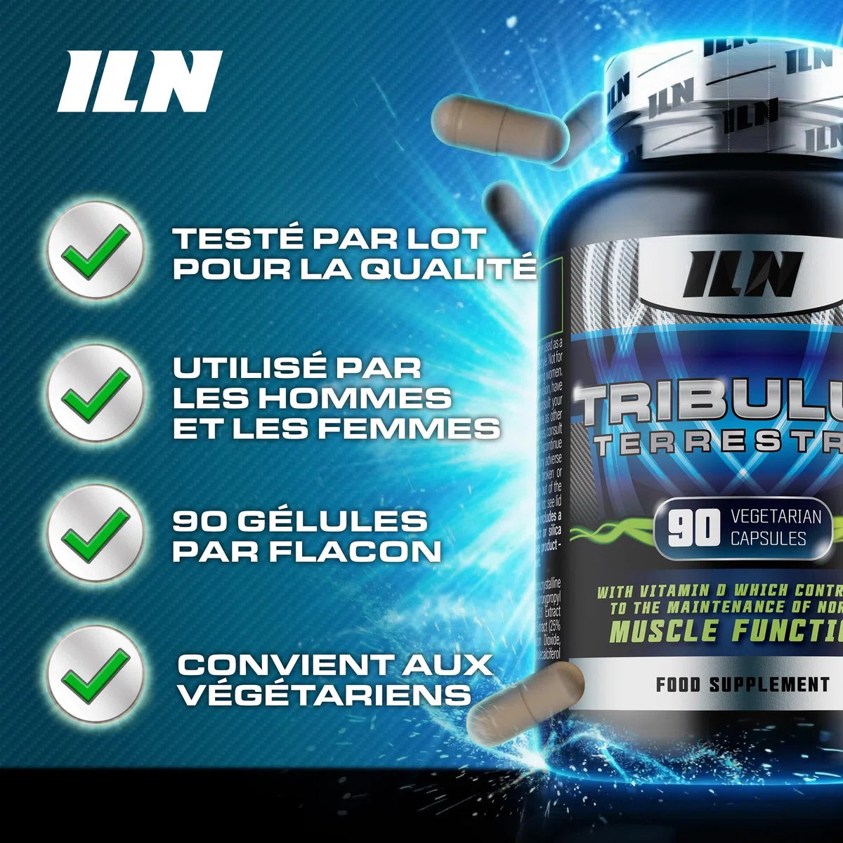 ILN - Tribulus terrestris puissant en gélules pour femmes et hommes - Équivalent 6000 mg, 98% de saponines, extrait 20:1, 90 gélules végétariennes