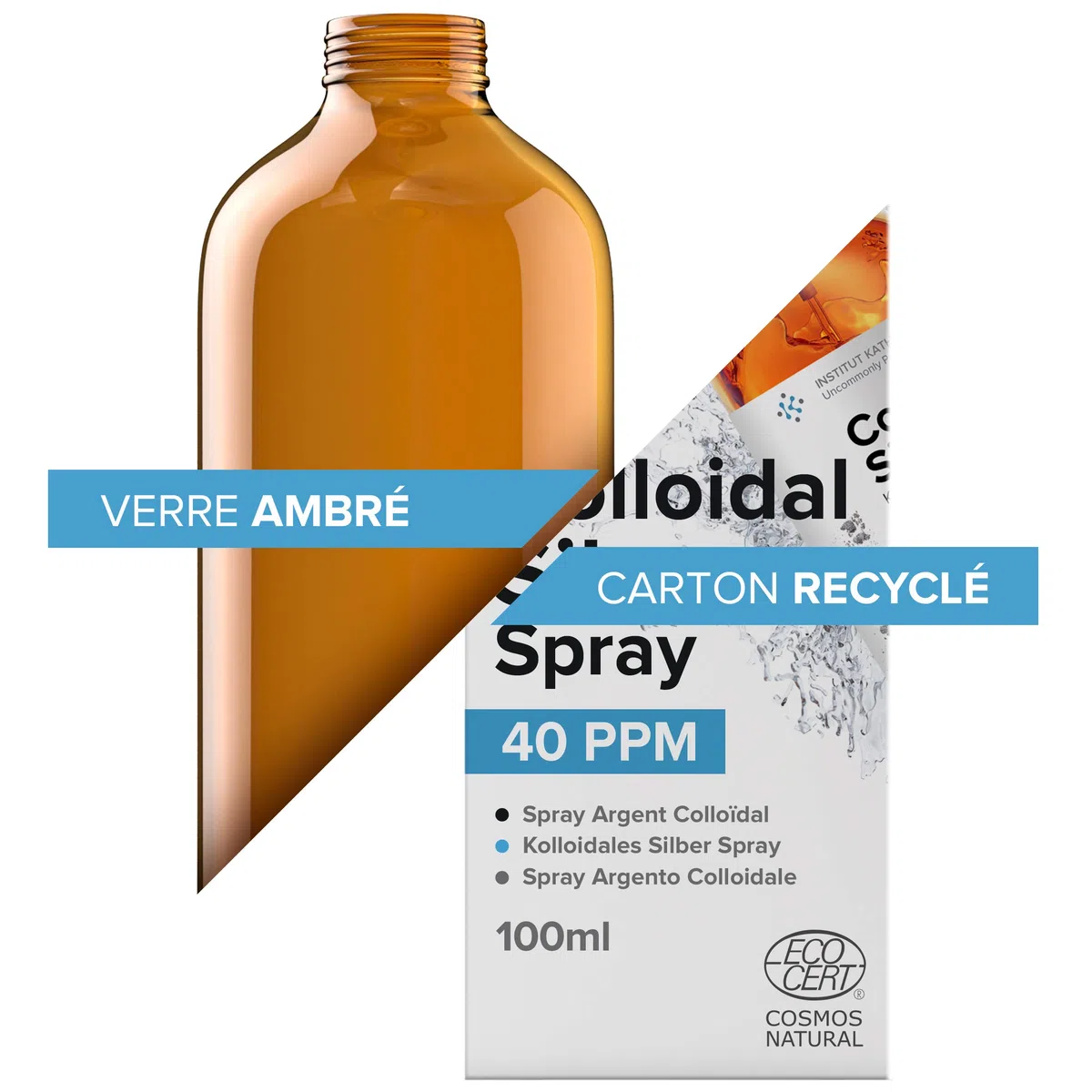 Spray Argent Colloïdal 100mL ● 100% Naturel 40 PPM ● Concentration Supérieure, Particules plus Petites : Meilleurs Résultats ● Fabriqué en France ● Certifié par 3 laboratoires ● Institut Katharos®