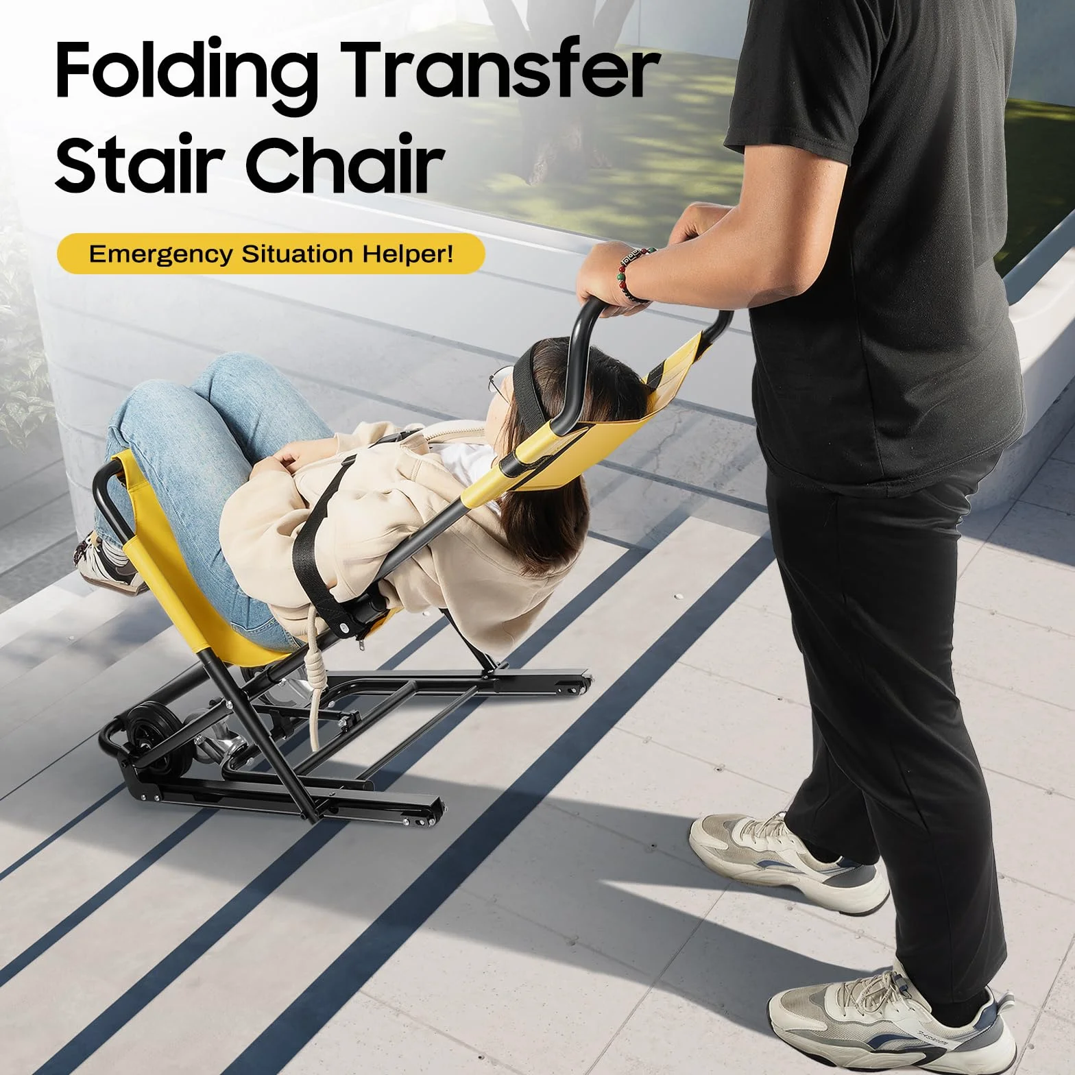 Monte-escalier | Chaise d'escalier pliable | Charge maximale 159 kg | 4 roues et ceintures de sécurité | Avec tissu en PVC et appui-tête réglable | Pour opérations de sauvetage et hôpitaux | Jaune