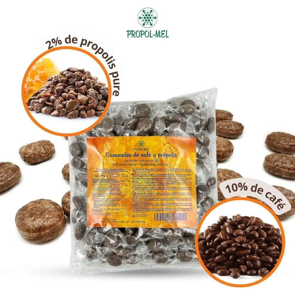 Propol-Mel - Bonbons au Café et au Propolis 500g | Sans Sucre | Sans Gluten | Artisanaux d'Espagne | Soin Buccal et de la Gorge | Café Intense et Propolis | Pour la Mauvaise Haleine