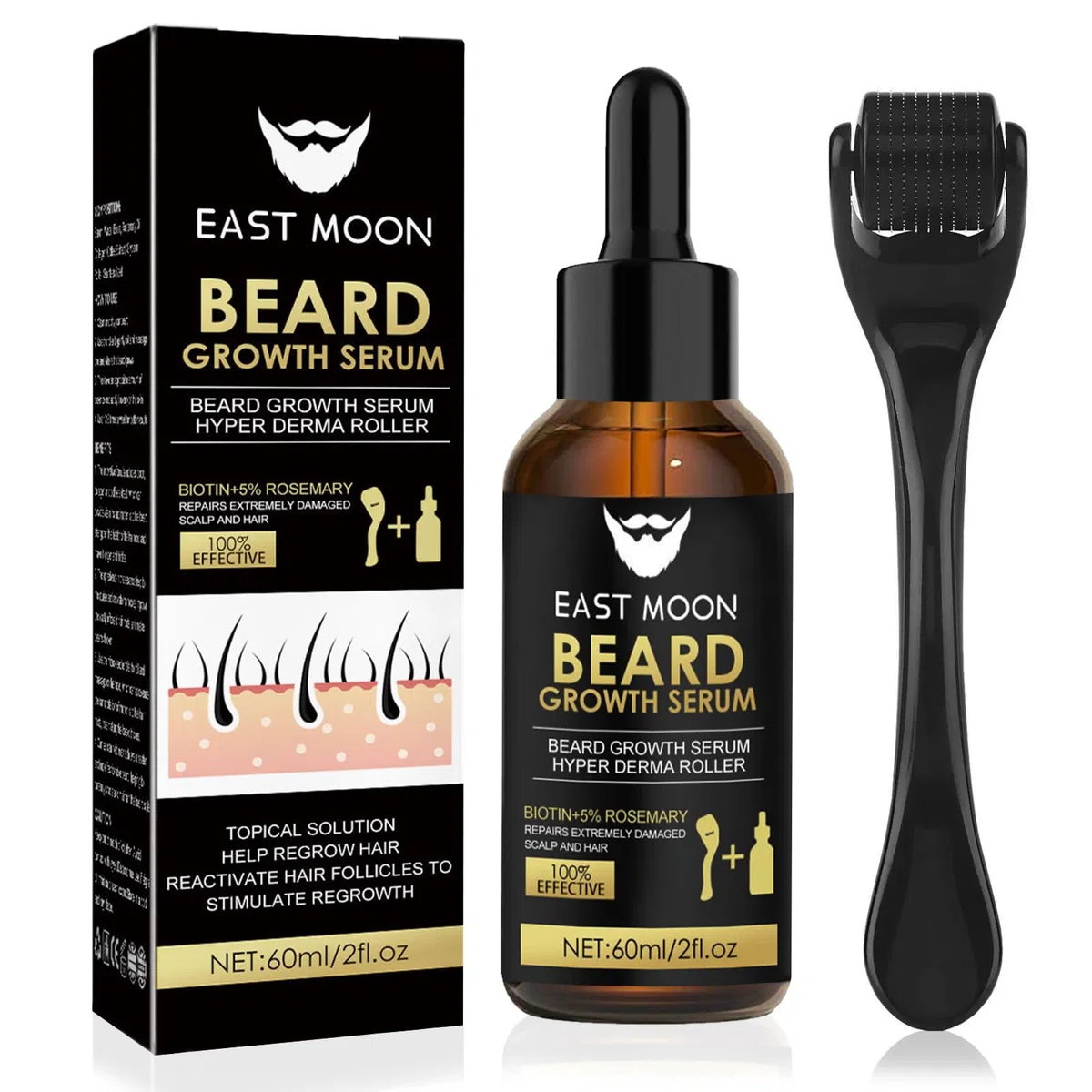 Kit Pousse Barbe,Kit de Croissance de la Barbe,Huile Pousse avec Rouleau,Cadeau Homme (60 ml)