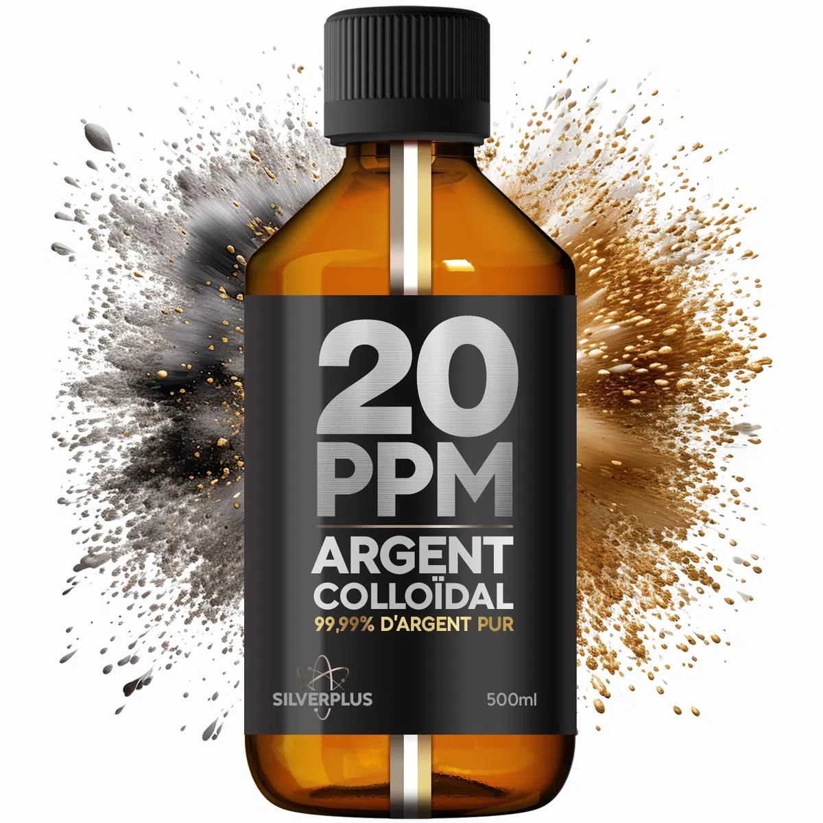 Argent Colloïdal 20ppm ● 500 ml ● Fabriqué en France ● Argent pur à 99,99% ● Ions d'argent actifs ● Pour toute la famille ● Laboratoire certifié GMP ● Solution 100% Naturelle ● SILVERPLUS