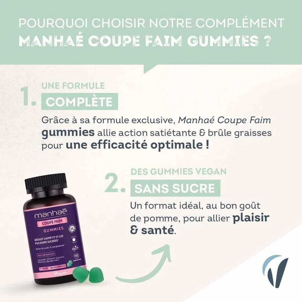 Vitavea - Manhaé - Gummies Coupe Faim sans Sucres - Complément Alimentaire Minceur - Coupe Faim, Satiété, Perte de Poids et Métabolisme - Guarana, Chrome, Caroube - 60 Gummies - 1 Mois
