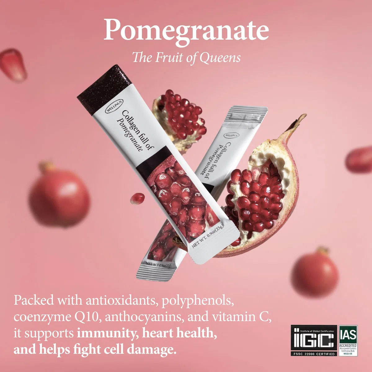 WELLINUS Bâtonnets de gélatine de collagène coréen - 25 collagènes de peptides de collagène marin saveur grenade anti-âge - Protéine de collagène sans sucre, paquets de voyage pour Ha