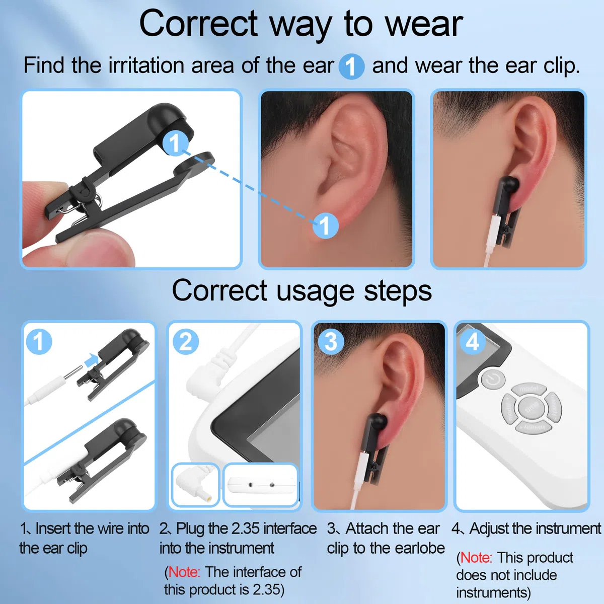Lot de 4 électrodes à clip pour oreille en silicone avec connecteur universel à broche de 2,0 mm pour améliorer le sommeil, la récupération musculaire et la relaxation (Noir simple face)