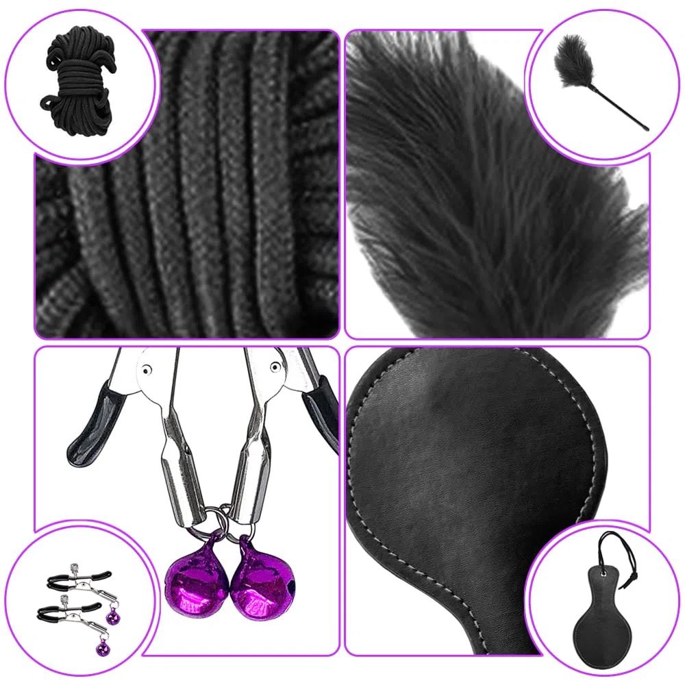 Qoosea Kits de Bondage 15 Pièces SM Set Adultes Toy Ensemble de Servitude BDSM Parfait pour Les Débutants, Ensemble de Jouets Sexuels Menottes Masque pour Les Yeux Laisse Pour Couple（Violet Noir）