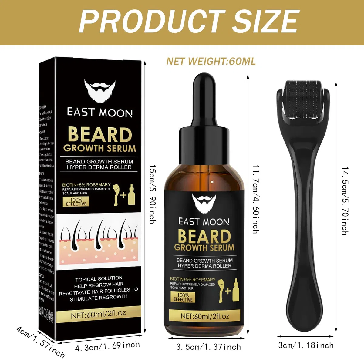 Kit Pousse Barbe,Kit de Croissance de la Barbe,Huile Pousse avec Rouleau,Cadeau Homme (60 ml)