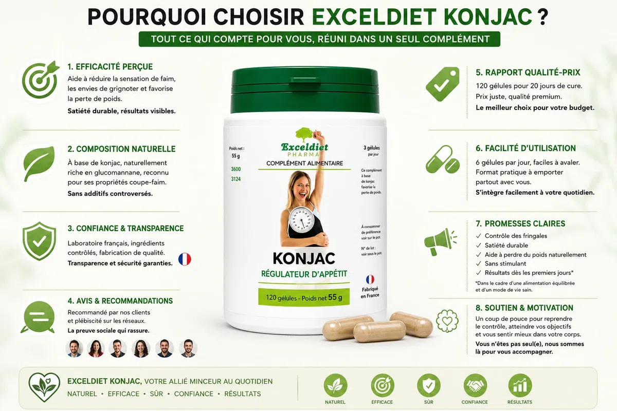 KONJAC Pur 3600 mg/j | Coupe Faim Puissant et Efficace | 95% Glucomannane | Minceur, Détox, Digestion, Transit | 120 gélules - Fabriqué en France