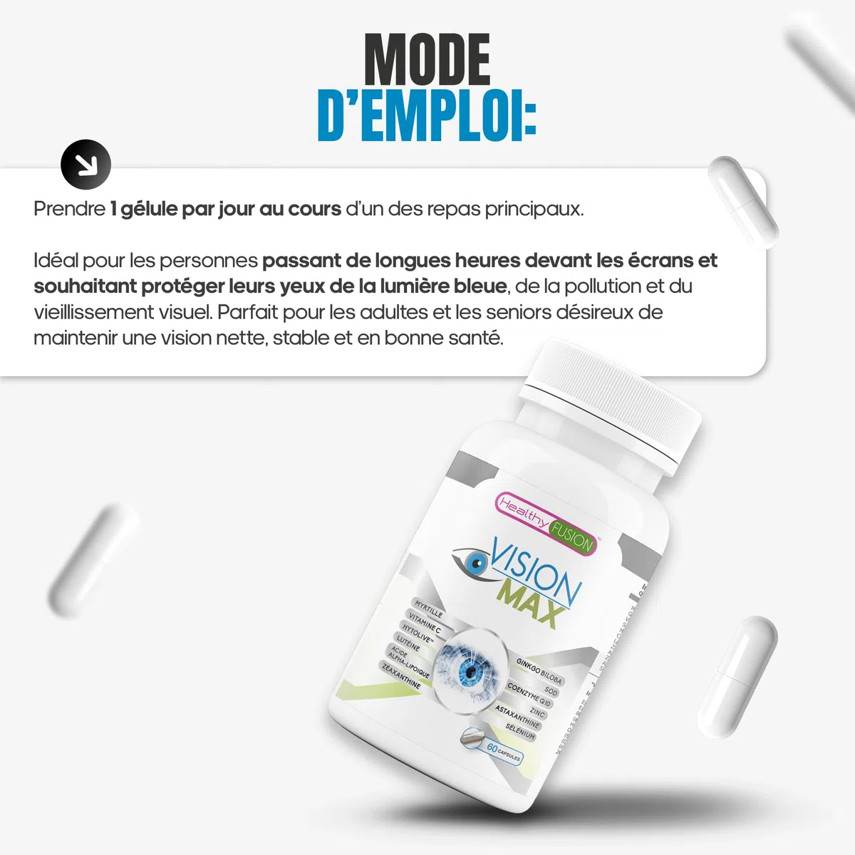 Healthy Fusion VisionMax | Vitamines pour les yeux | Lutéine, Myrtille Ginkgo Biloba | Hydratation oculaire avancée | Réduit la fatigue visuelle et améliore l’acuité | Protection oculaire | 60 gélules