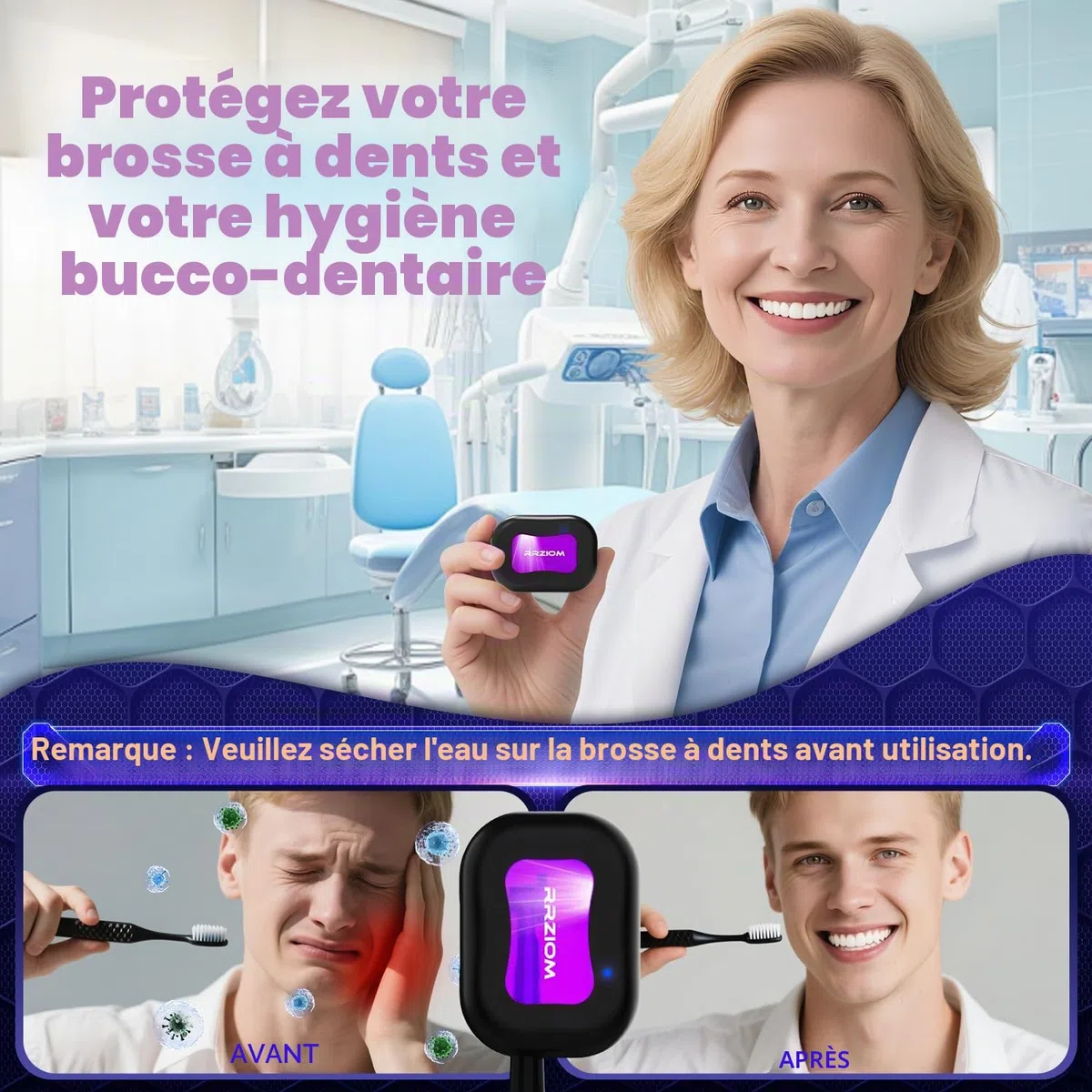 Stérilisateur Brosse à Dents UV, RRZIOM Brosse a Dent Désinfectant Rechargeable pour Les Voyages et La Maison, Toothbrush Sanitizer pour Toutes Les Porte Brosse à Dents Electrique & Manuelle (Noir)