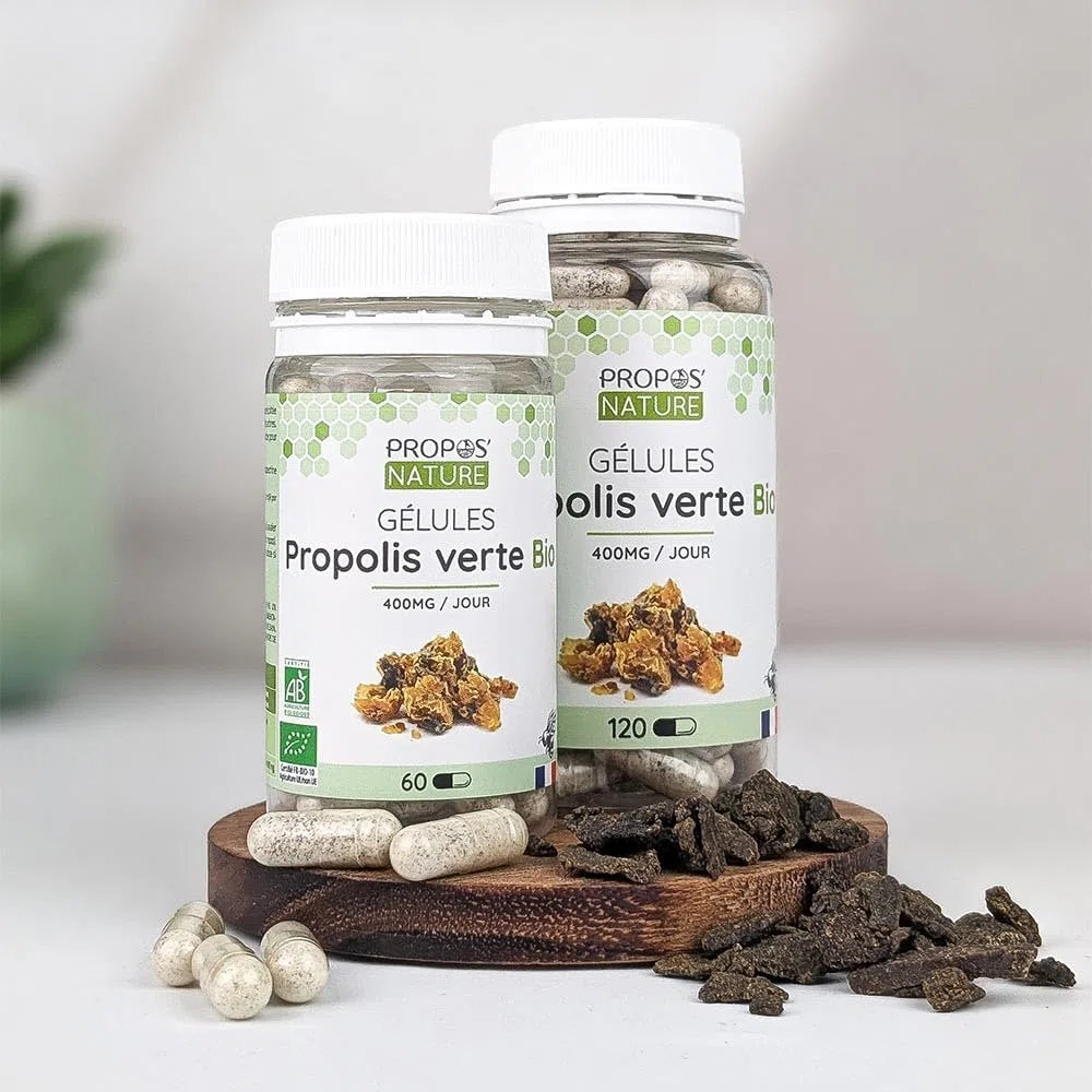 Gélules Végétale Propolis Verte Bio - enveloppe végétale - Dosées à 100mg/gélule - 60 gélules - Sans colorant ni conservateur - Certifiées bio - Agriculture Biologique - PROPOS'NATURE