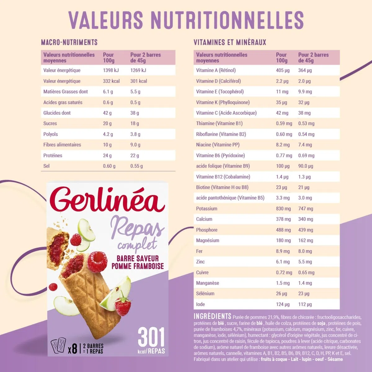 GERLINÉA – Barres Repas Complet Pomme Framboise – Substitut de Repas Minceur Protéiné – Moins de 240 Kcal – Fabriqué en France – Lot de 2 Boîtes (8 Repas)
