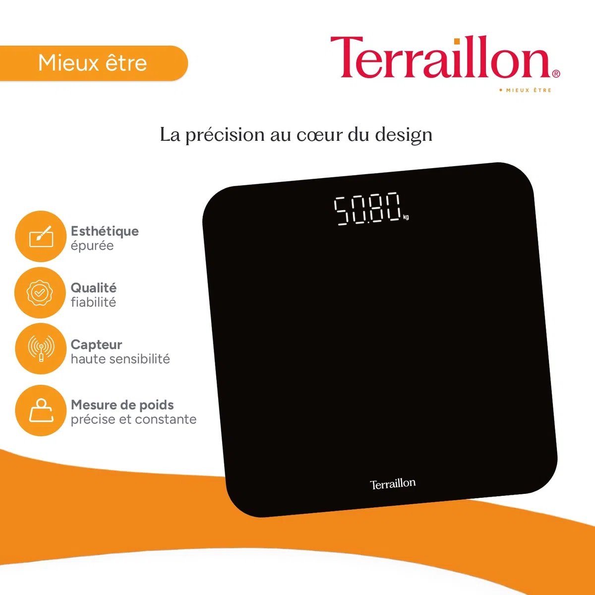 TERRAILLON - Balance Pese personne, Pese personnes électronique Ultra plat 26cm x 26cm, Confort de lecture avec un son grand écran Magic LED, Pesée Jusqu'à 180Kg avec une Précision à 100g, TSQUARE