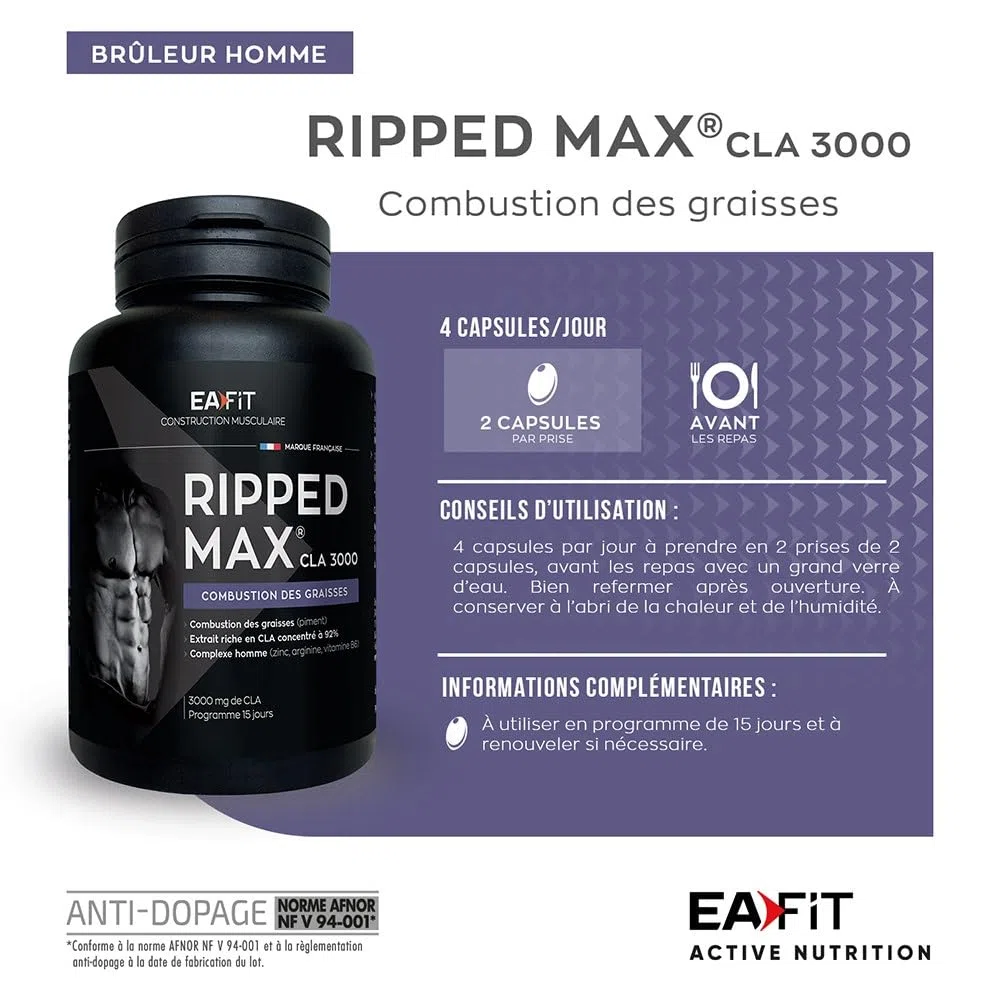 EAFIT - Ripped Max CLA 3000 - Bruleur de graisse puissant 3g CLA + Piment + Zinc +Vitamines B6 - Facilite la combustion des graisses lors des séances de sport - Pensé pour musculation - 60 Capsules