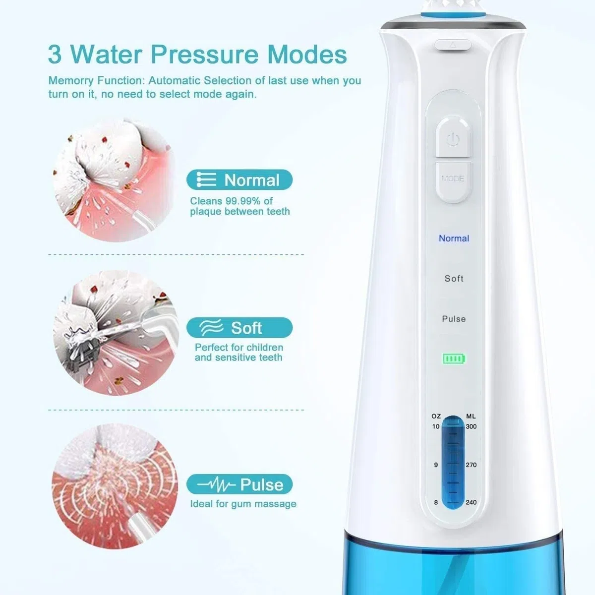 Irrigateur buccal dentaire portable avec 3 modes, 6 embouts de jet remplaçables, nettoyeur de dents étanche rechargeable pour la maison et les voyages -Réservoir amovible de 300 ml (couleur : noir