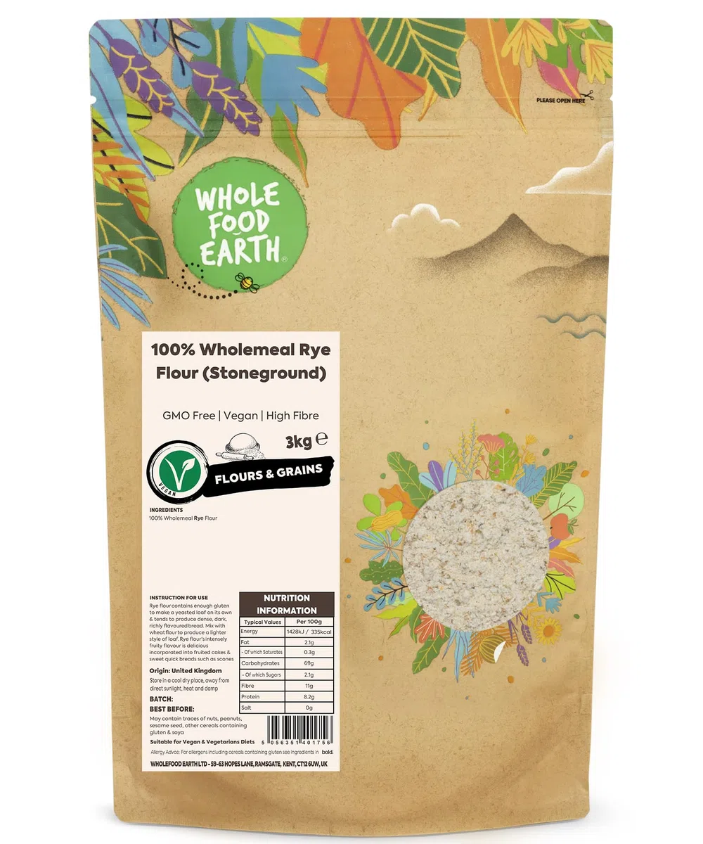 Wholefood Earth Farine de Seigle Bio 3kg - 100% Complet, Sans OGM, Vegan