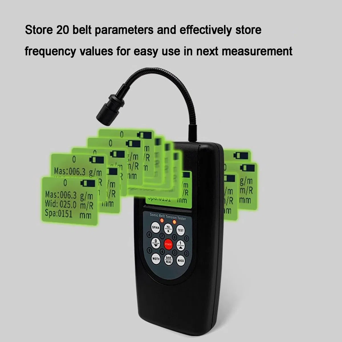 Testeur de Tension de Ceinture Sonique, Plage De Fréquence 10 Hz-680 Hz, avec Sonde De Direction Réglable, Stocker 20 Paramètres de Ceinture, Capteur Optique pour la Mesure
