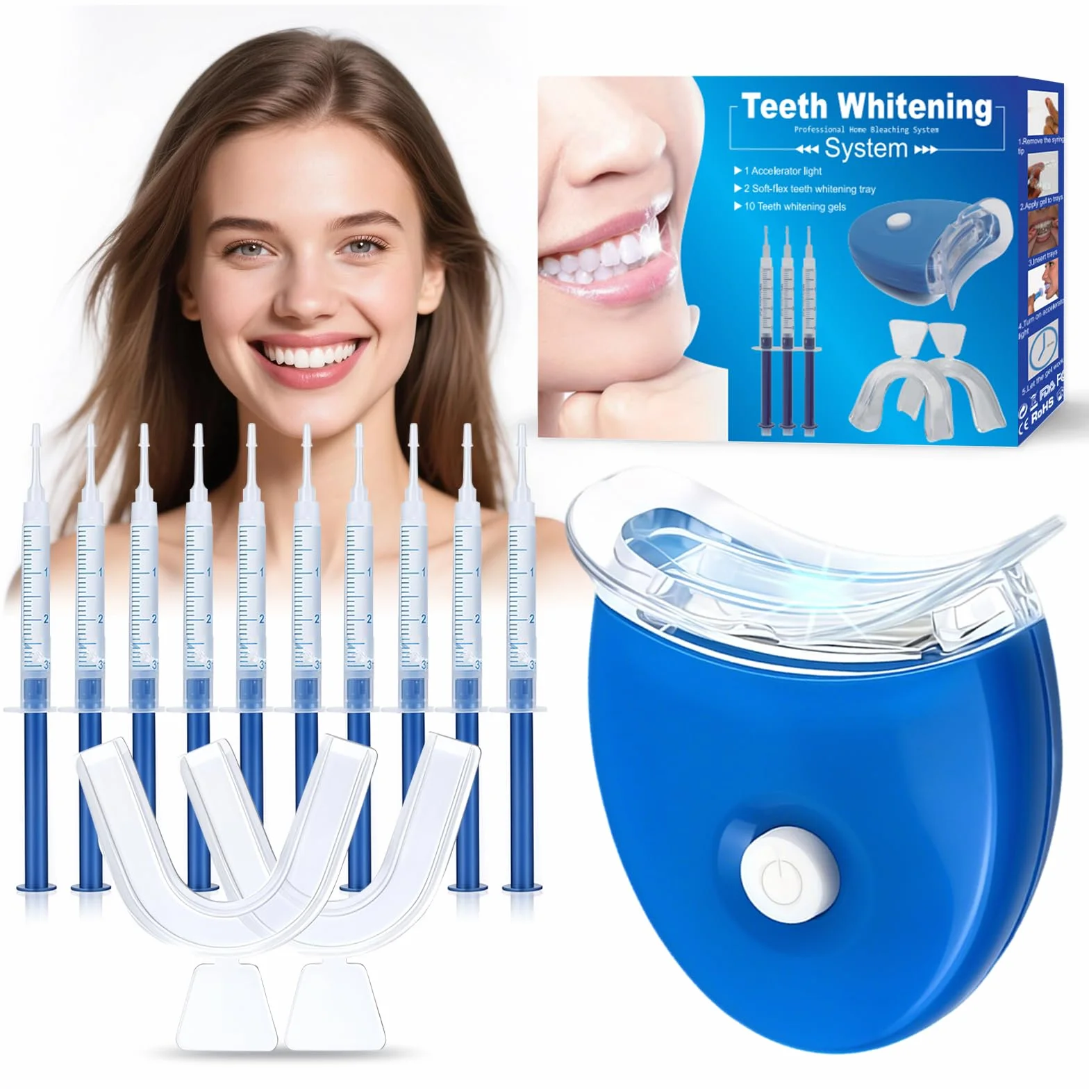 Kit de Blanchiment Dentaire, 10 Gels Blanchissants + 2 Plateaux Dentaires, Élimine les Taches Profondes, Soin blanchissant dentaire, Usage Quotidien