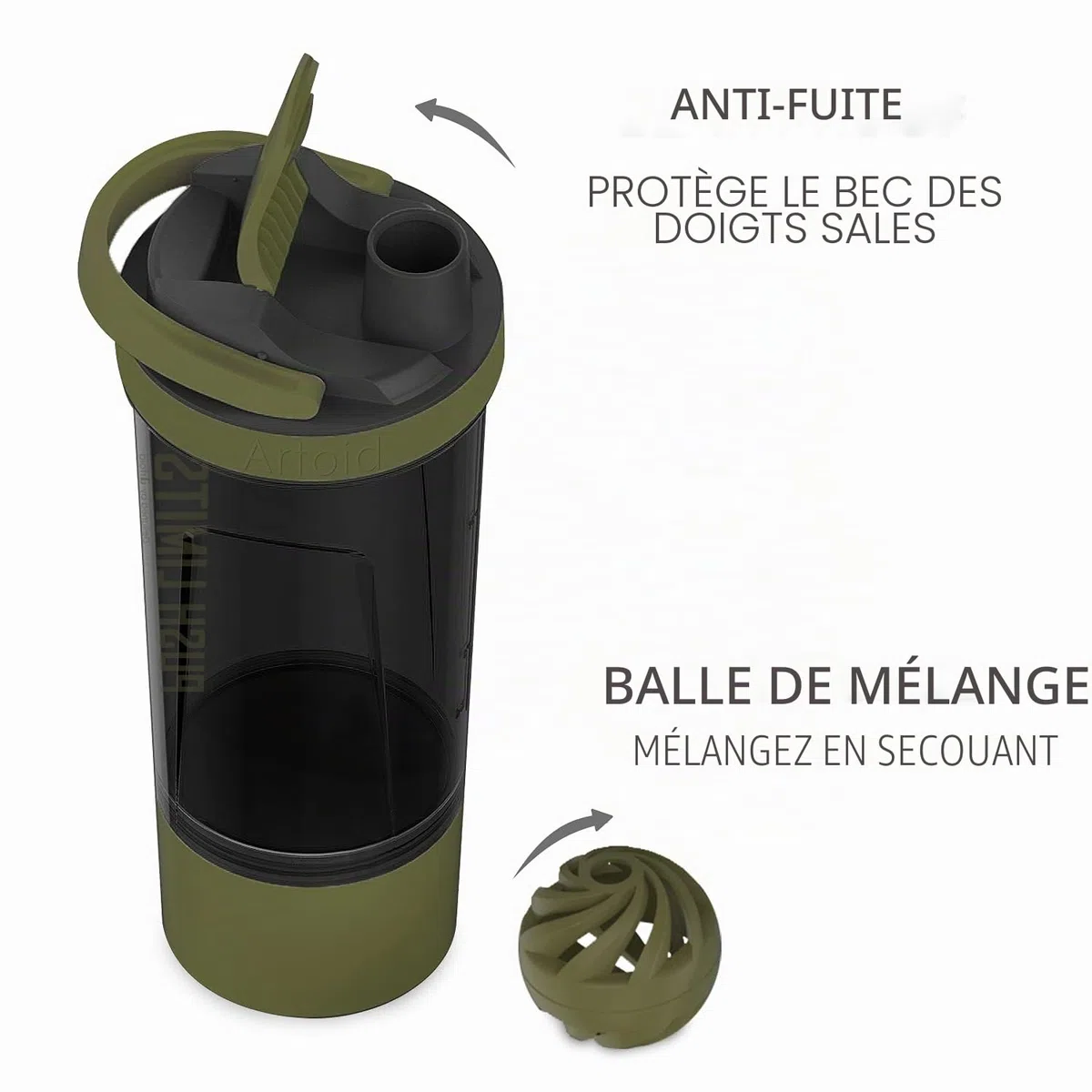 Artoid Mode Shaker Protéines Avec compartiment à poudre Boissons sportives Lavage à la main Noir/Vert 720ml, tamis Boule en Spirale Organisateur 200ml Compléments alimentaires Sans BPA