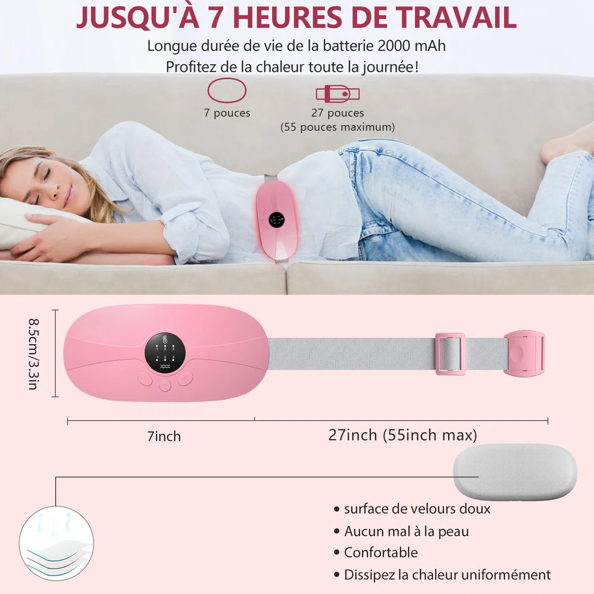 Ceinture Chauffante Regle Douloureuse Menstruelle, Coussin Chauffant Menstruel Portable 3 Niveaux Température 3 Modes de Massage Pour le Soulage Douleurs Menstruelles Lombair Dos Rose