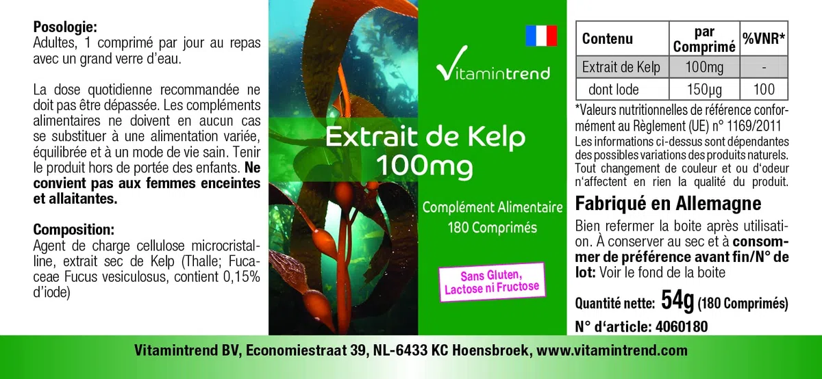 Vitamintrend Extrait de Kelp 100 mg, 180 comprimés, faciles à avaler, iode naturel, complément alimentaire végan sans stéarate de magnésium, fabriqué en Allemagne