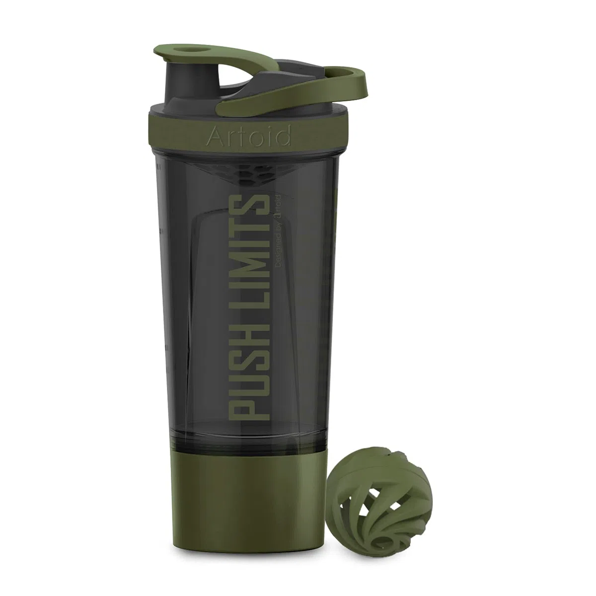 Artoid Mode Shaker Protéines Avec compartiment à poudre Boissons sportives Lavage à la main Noir/Vert 720ml, tamis Boule en Spirale Organisateur 200ml Compléments alimentaires Sans BPA