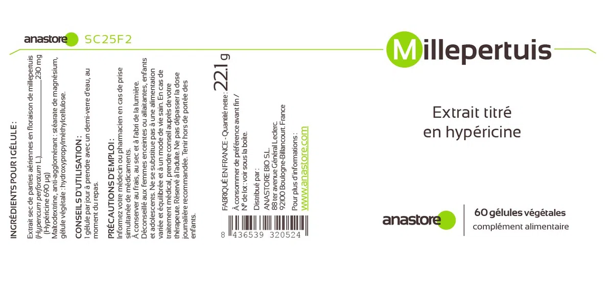 MILLEPERTUIS * 230 mg / 60 gélules * Extrait Titré en Hypéricine * Cerveau, Digestion (troubles gastro-intestinaux), Équilibre émotionnel * Fabriqué en France