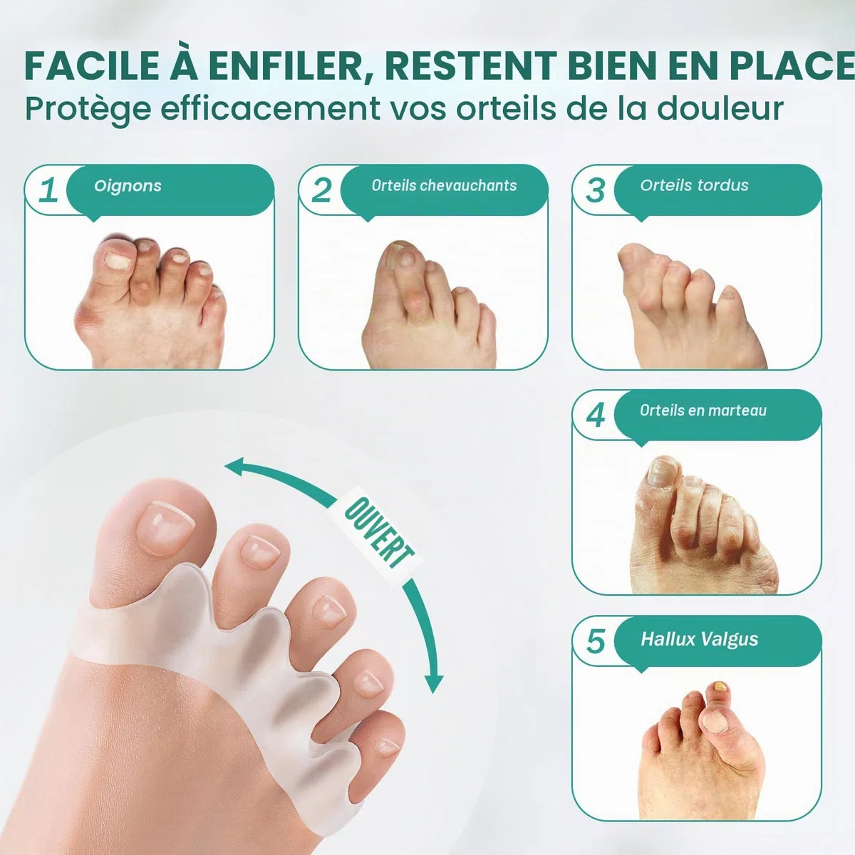 Welnove Séparateurs d'orteils pour corriger les orteils - 8 paquets d'écarteurs d'orteils en silicone pour les pieds des hommes et des femmes (transparent)