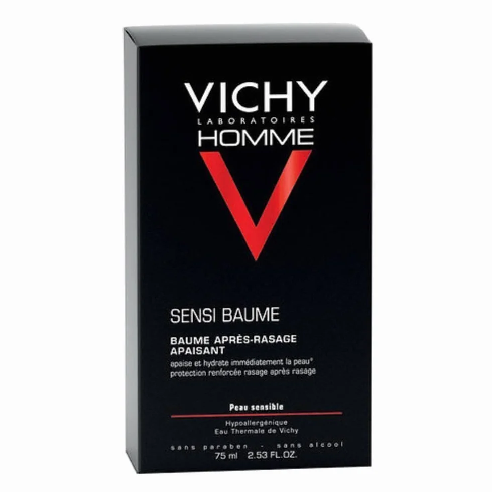 Vichy - Sensi-Baume - Baume Après Rasage Homme Apaisant - Soin Visage Homme Anti-Irritations et Hydratant 24h - Baume Barbe Homme Enrichi en Calcium et Eau Thermale - Gamme Soins Visage Hydratants