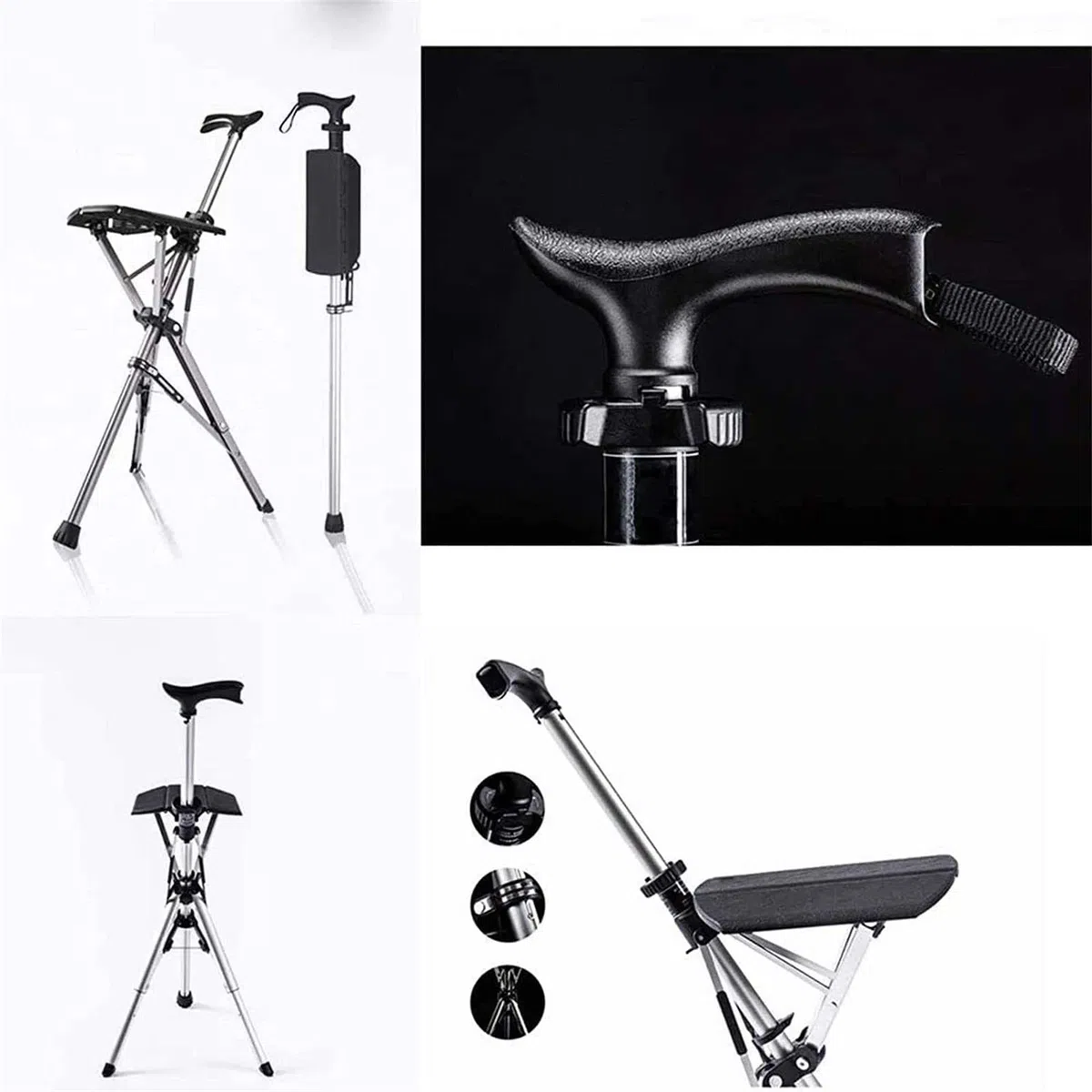 Canne pliante avec siège – Canne légère et portable réglable en hauteur – Chaise robuste en aluminium pour personnes âgées – Pratique et polyvalente