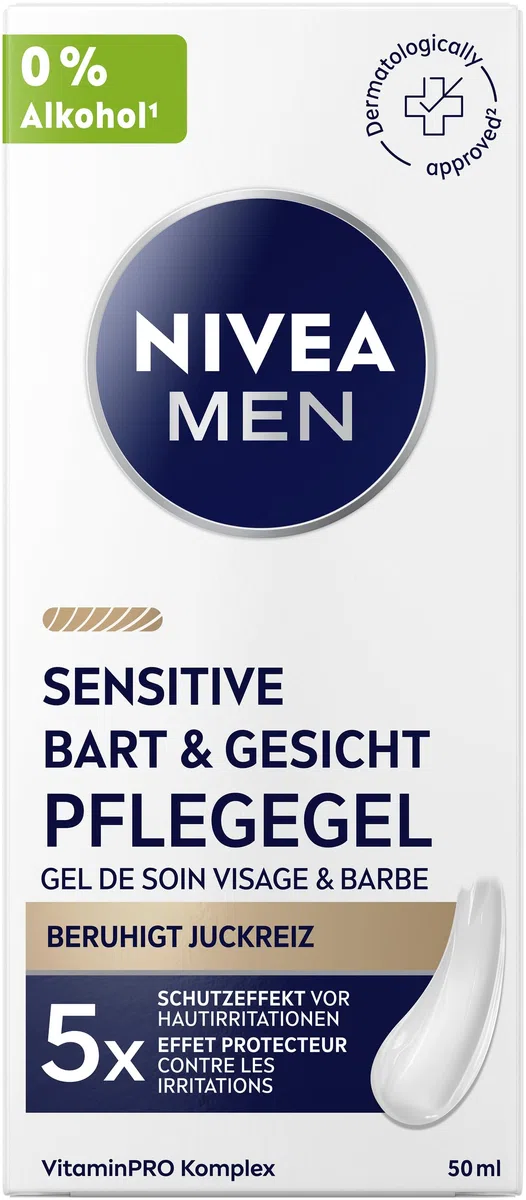 NIVEA MEN Sensitive Gel de soin pour barbe et visage à absorption rapide pour la peau sensible des hommes, soin apaisant du visage pour soulager les irritations de la peau (50 ml)