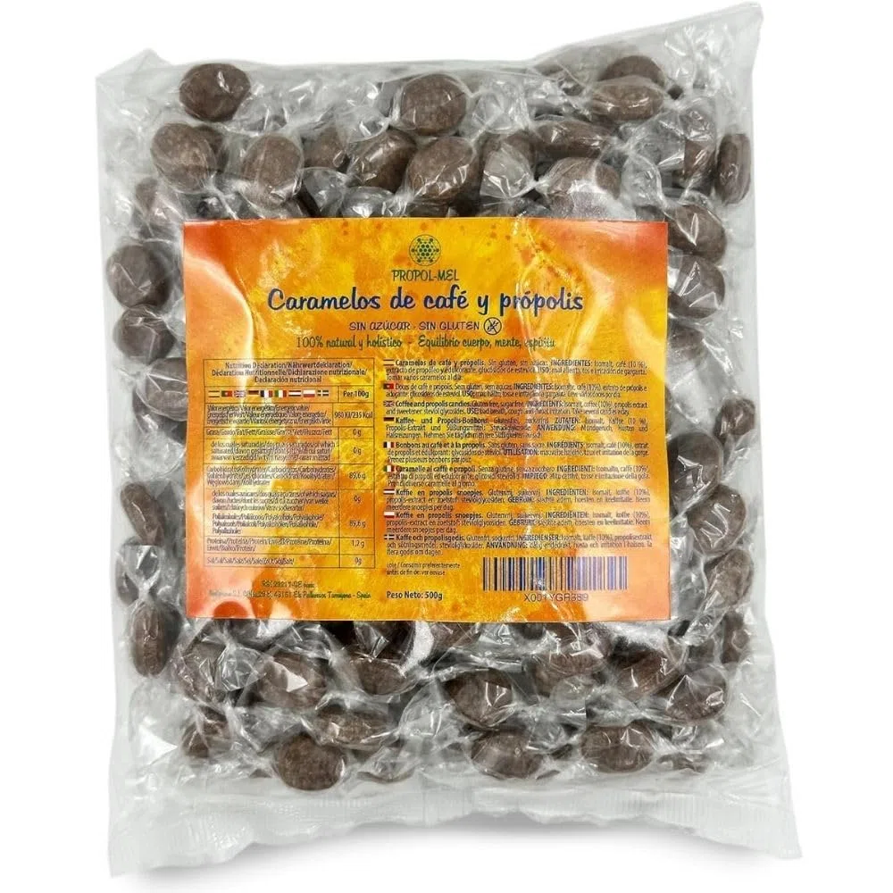Propol-Mel - Bonbons au Café et au Propolis 500g | Sans Sucre | Sans Gluten | Artisanaux d'Espagne | Soin Buccal et de la Gorge | Café Intense et Propolis | Pour la Mauvaise Haleine