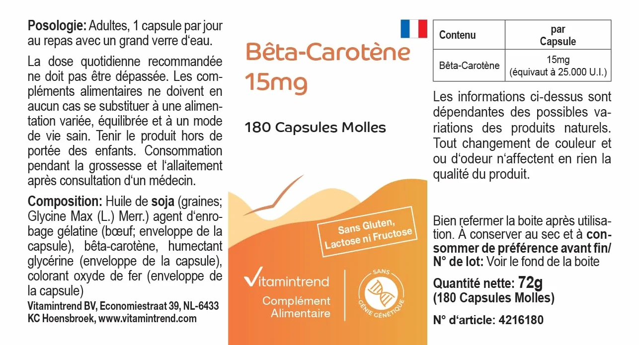 Vitamintrend Bêta-carotène 15 mg, 180 capsules molles de 15 mg chacune (équivaut à 25 000 UI), hautement dosé, sans stéarate de magnésium, fabriqué en Allemagne