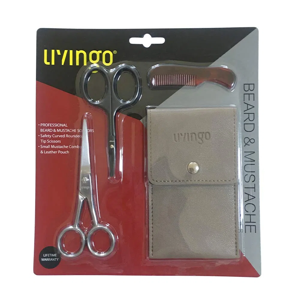 LIVINGO Ciseaux à barbe et moustache pour homme, 11,4 cm, professionnels, pointe arrondie en acier inoxydable, pointue, petite beauté avec mini peigne et étui en cuir
