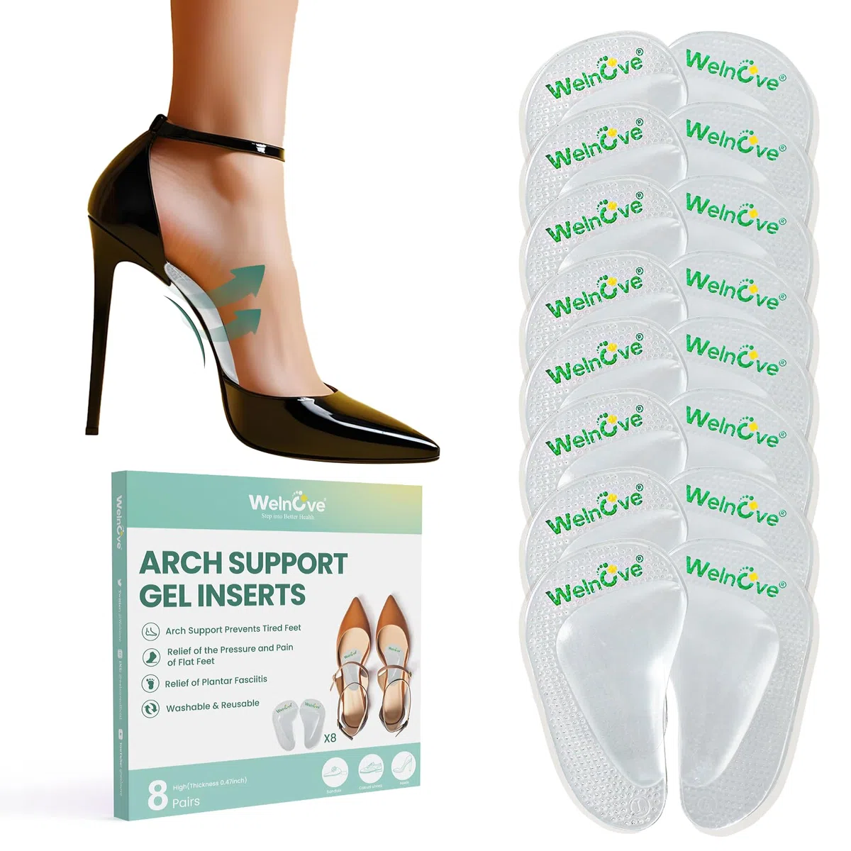 8 Paires Gel Semelles Orthopédiques pieds plats - Welnove silicone doux soutien pied coussins pour fasciite plantaire, douleur au pied, fatigue des pieds, hommes femmes, Hauteur 1,2 cm