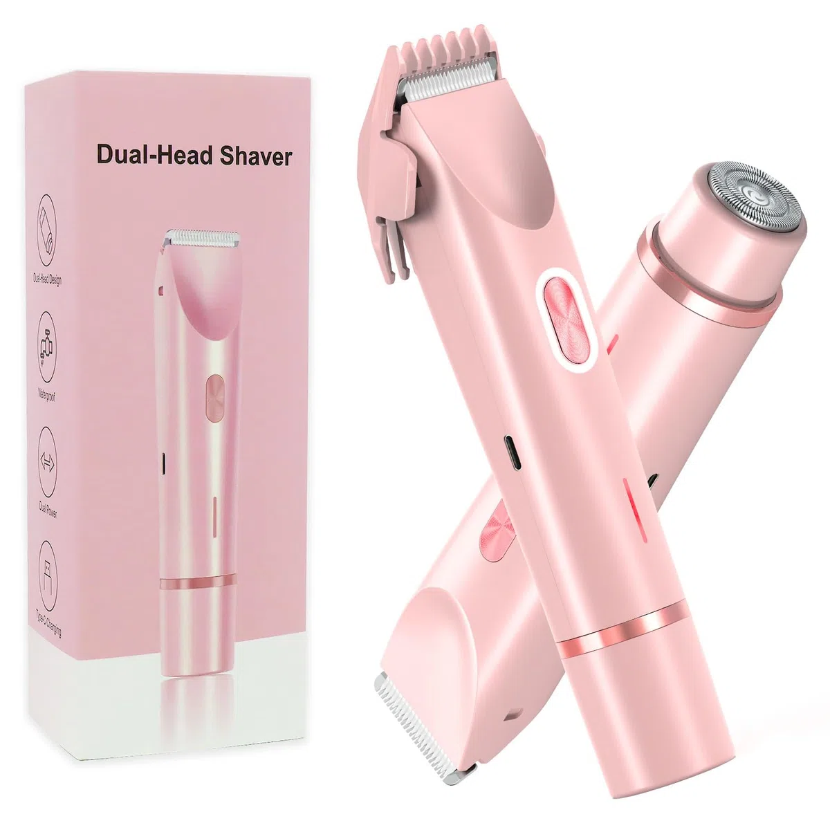 Tondeuse bikini 2 en 1 pour femme - Double tête - Rasoir électrique pour femme - Poils pubiens IPX7 - Étanche - Bikini - Bras aisselles - Jambe - Visage - Corps - Rose