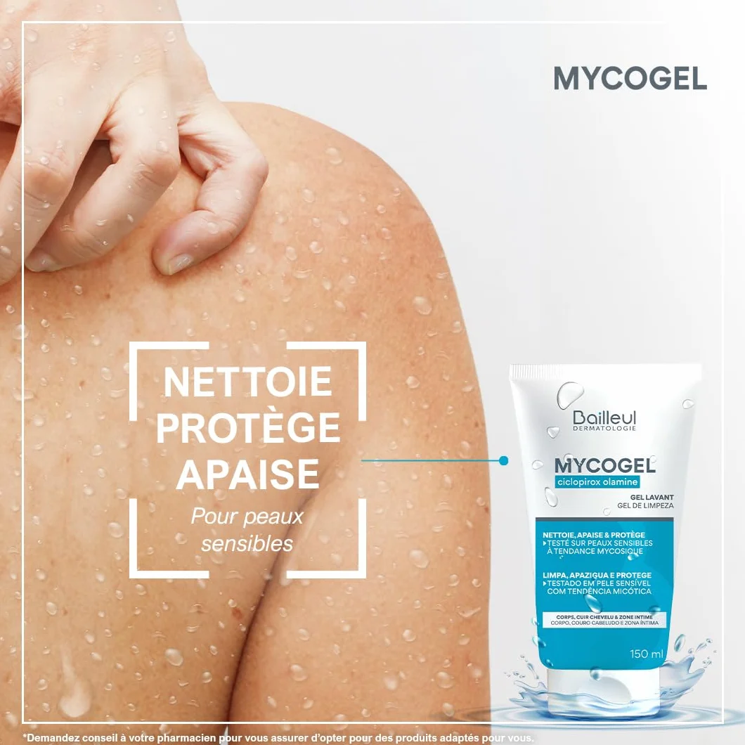 Bailleul | Mycogel | Gel lavant contre les mycoses cutanées | Nettoie, Apaise et Protège | Peaux et muqueuses génitales sensibles à tendance mycosique | Vegan | 150 ml